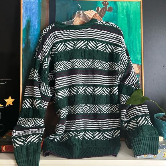 Vintage Men's Geometric Pattern Crewneck Sweater - Green and White - L - Picture 6 of 16